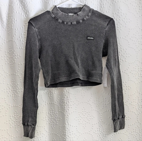 Kendall & Kylie Tops - Kendall & Kylie Long Sleeve Waffle Crop Distressed Mock Neck Black Acid Wash XS